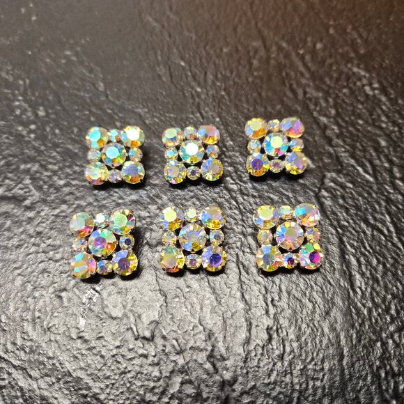 6 Vintage Aurora Borealis AB Crystal Buttons – Square Prong Set 50s Costume Glam - Picture 1 of 3